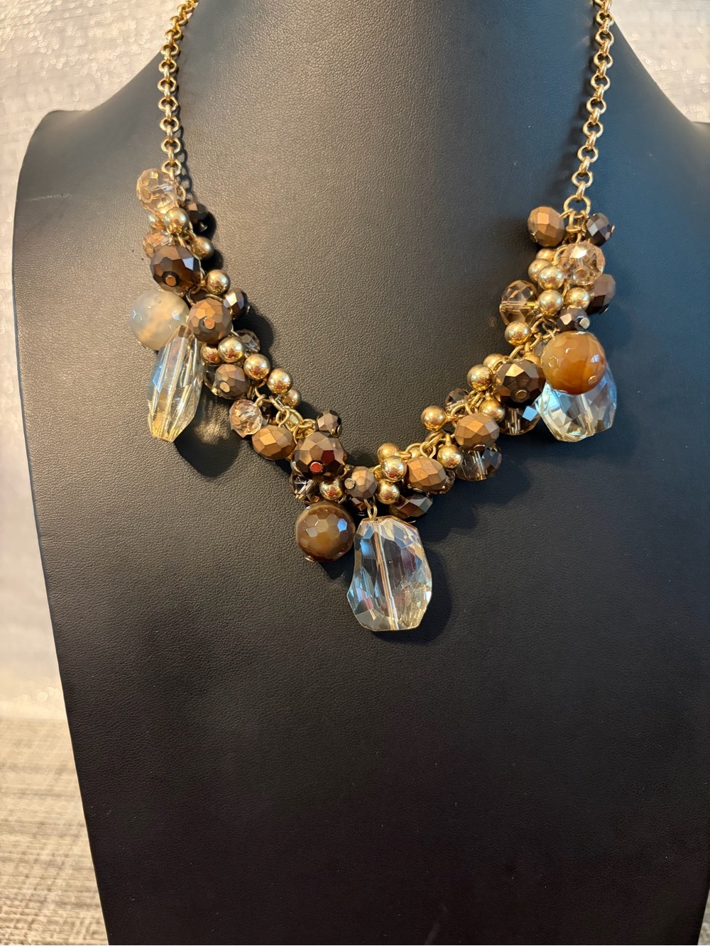 Gold-Tone Brown Bead Cluster Statement Necklace